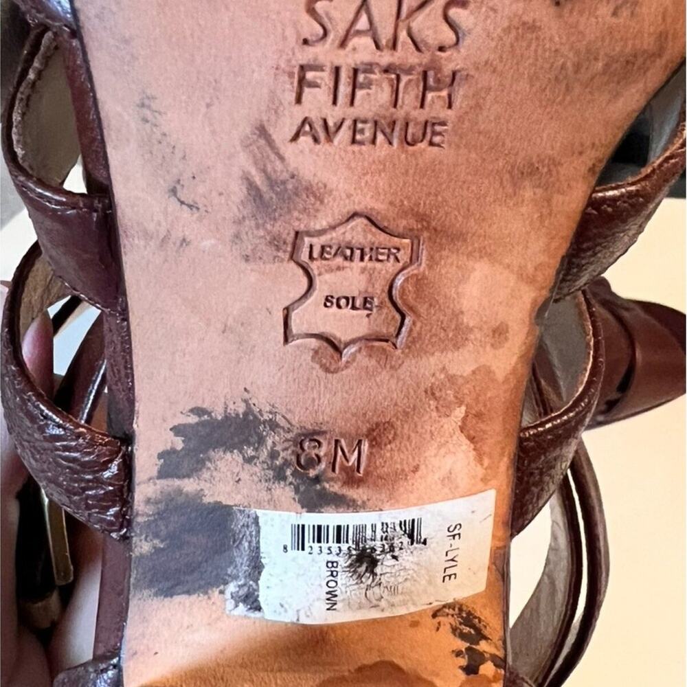 00s Saks Fifth Avenue LYLE Leather Strappy Heel Sandals Sz 8 Brown Classy Preppy - Picture 11 of 11